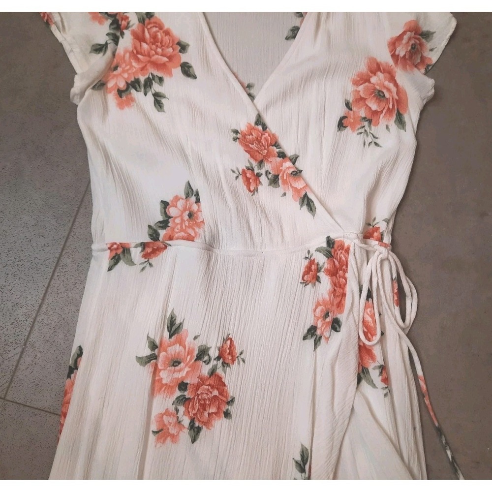 Altar'd State Cream Floral Wrap Midi Dress with Coral Blooms - Picture 6 of 11